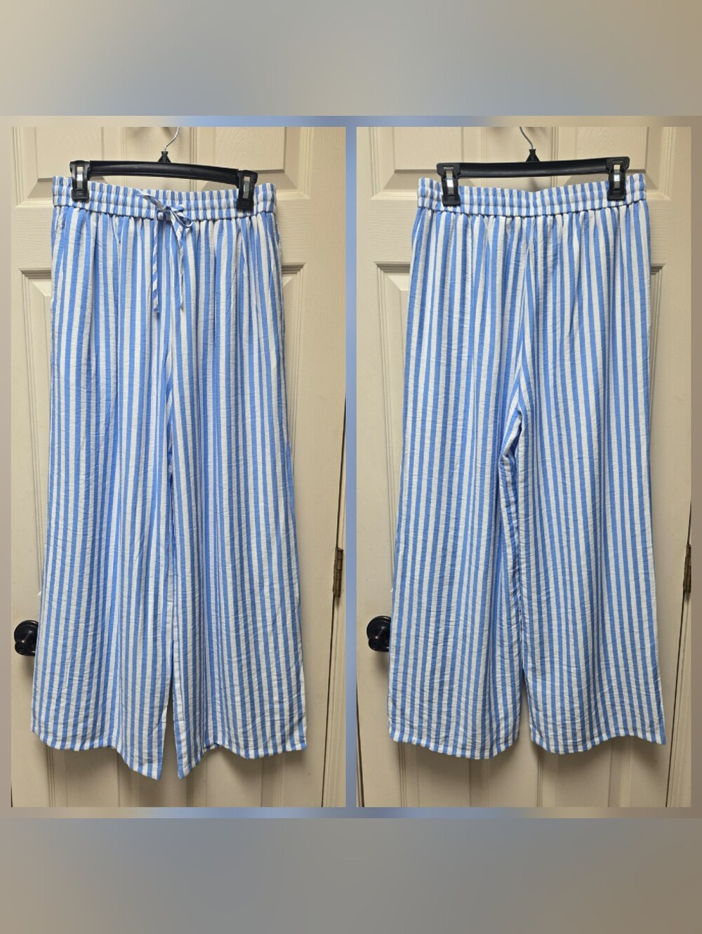 NWT Pretty Garden Blue and White Vertical Stripe Lined Wide-Leg Pants, Medium